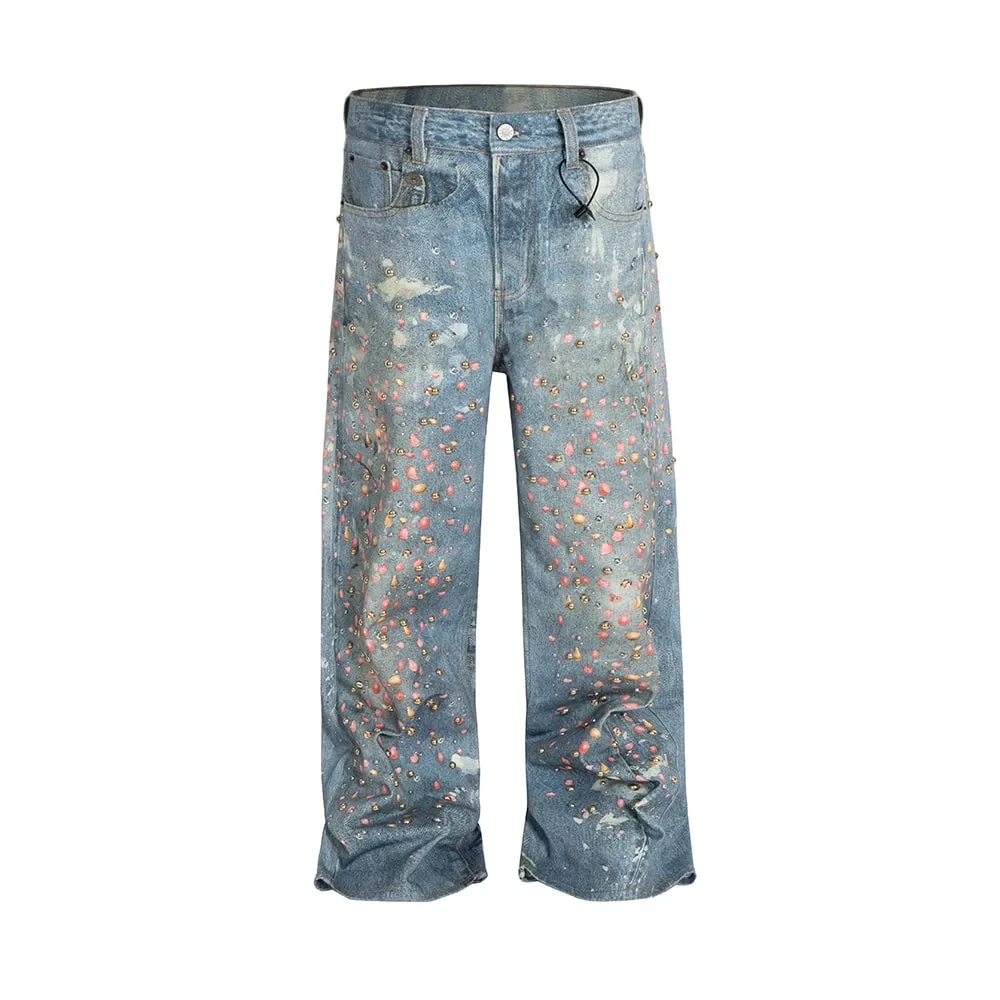3D-gedruckte Volldiamant-Jeans für Männer, gerade gewaschen, Distressed, glänzende Diamon-Denim-Hose, Hip-Hop, lockere Baggy-Jeans