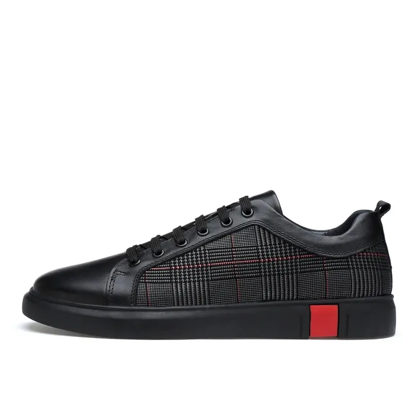 Neue Ankunft Männer Schwarz Leder Plaid Panel Turnschuhe Luxus Stil Lace Up Casual Schuhe Nicht Slip Plattform Walking Schuhe — image 1