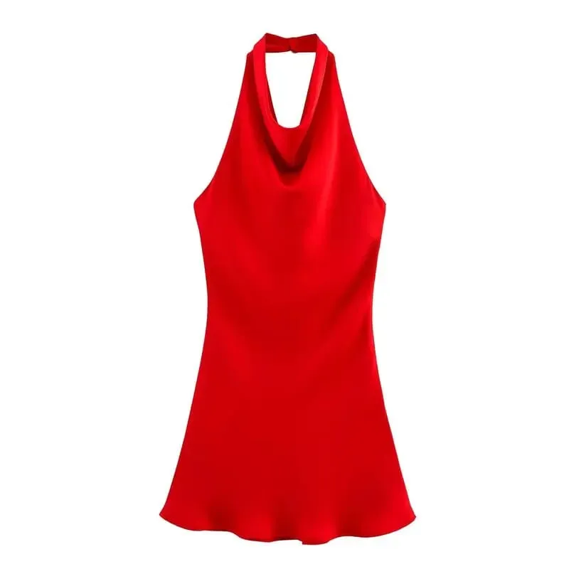 Silk Satin Texture Summer New Arrival Women's Dr Hanging Ne Collar Gown Soft A-Line Skirt High Waist Pure Color — image 3