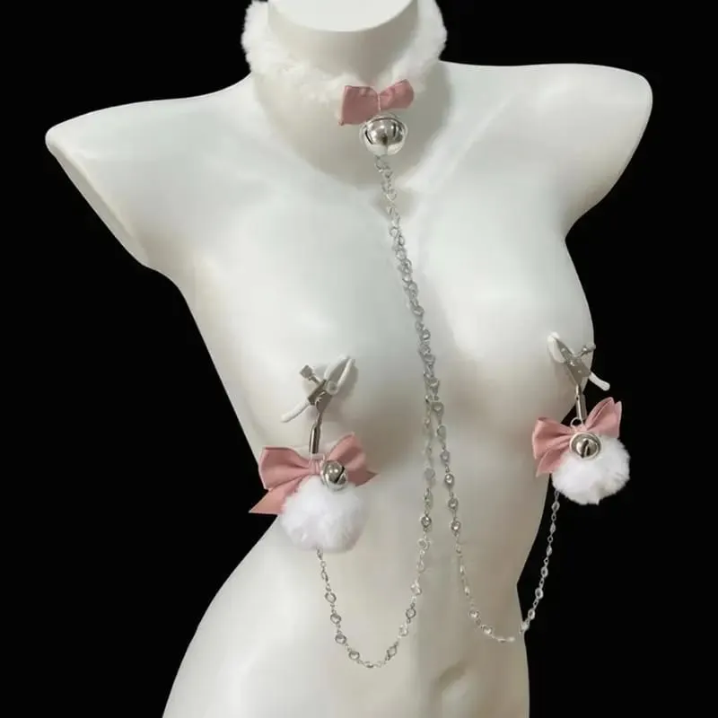 Flauschige Schleife Nippelklammern Glöckchenkragen Körperkette Rosa Brustfesseln BDSM Sexspielzeug für Erwachsene für Frauen — image 3