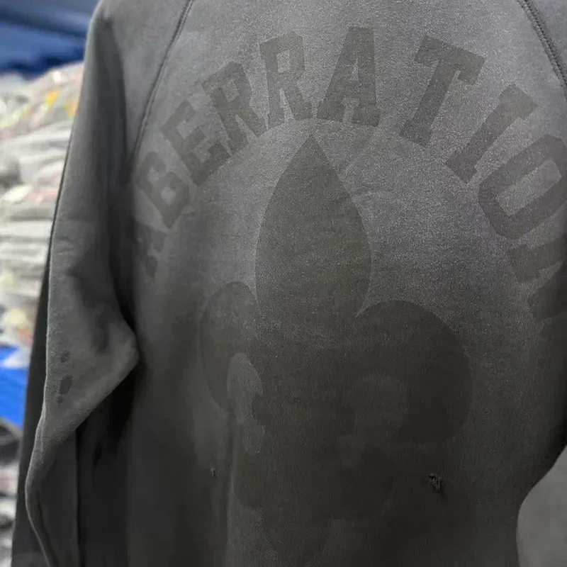 Heavy Fabric Cotton Oversized Patchwork Saint Sweatshirts Men Women Vintage Washed Carbon Gray Splash-Ink Damaged Hole Pullovers — image 7