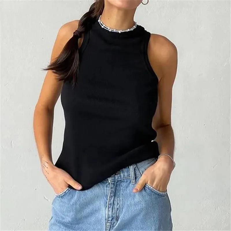 Top in maglia a costine Collo Camicie basic estive Bianco Nero Gilet sportivo casual con spalle scoperte Canotta da donna verde — image 7