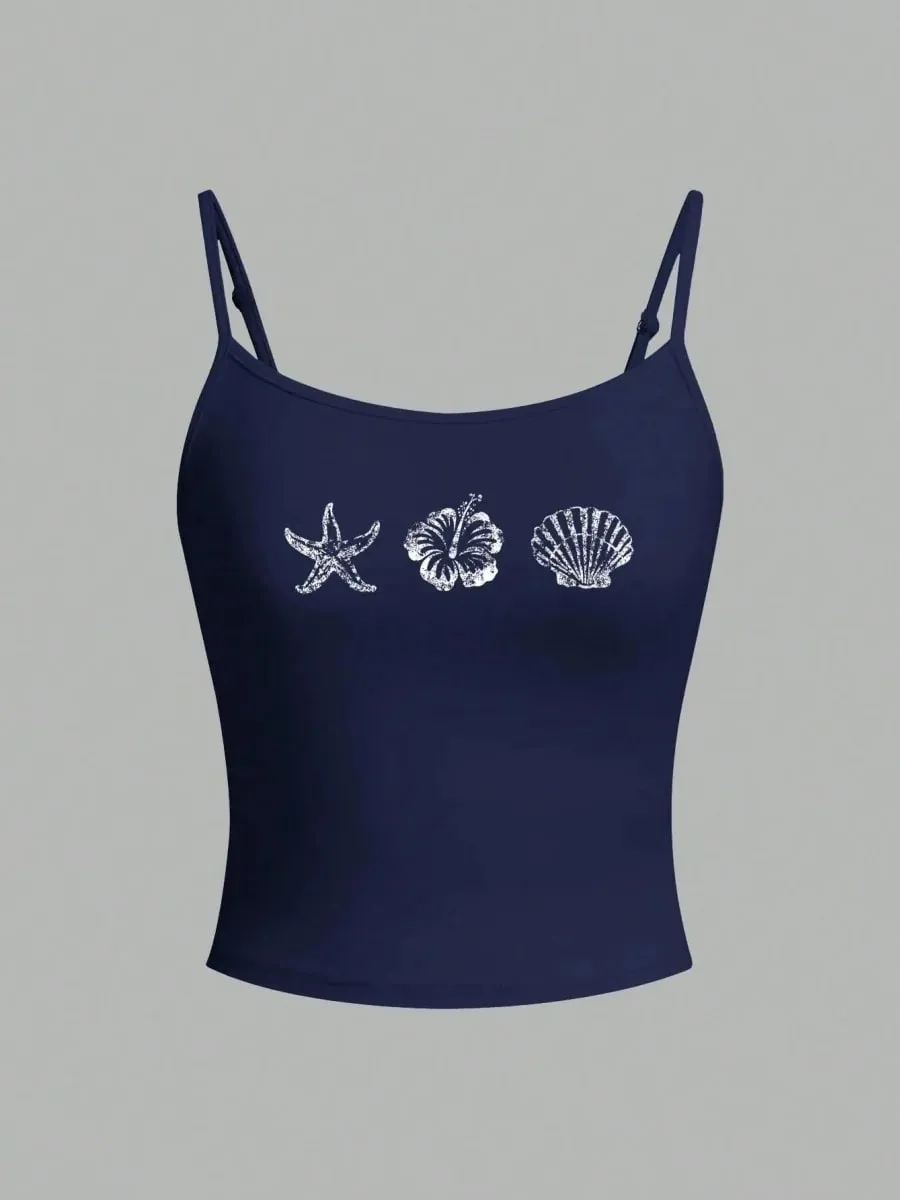ผู้หญิงเปลือกหอยปลาดาวพิมพ์สปาเก็ตตี้Camisoleฤดูร้อนสบายๆY2K Streetสไตล์Slim Fit Crop Top — image 3