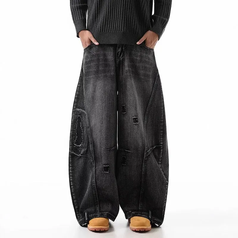 Jeans coreani strappati taglie forti retrò Pantaloni curvi a gamba larga da uomo Pantaloni larghi casual alla moda a gamba dritta — image 1