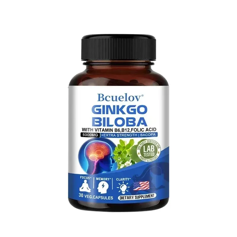 Ginkgo Biloba 5000 mg Extra Fuerte - Apoya la función cerebral y el enfoque de la memoria Alivio del estrés 120 cápsulas vegetales