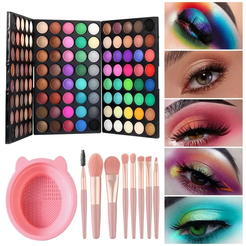 Kit de maquillage 3 pièces, Palette de fard à paupières 120 couleurs avec 8 pinceaux de maquillage et bol de nettoyage de brosse pliable en Silicone pour les fêtes quotidiennes — image 2