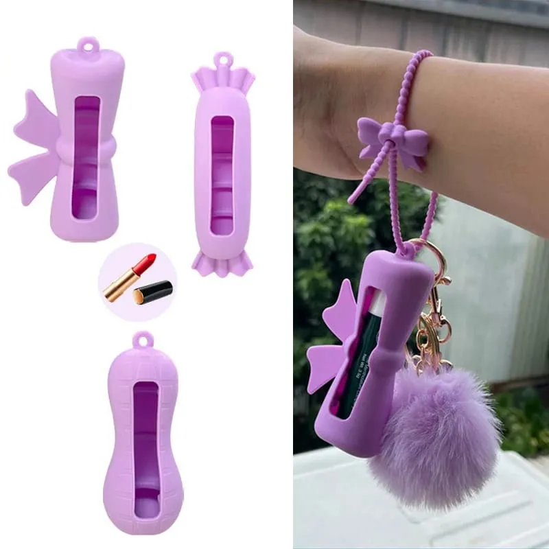 Bow Candy Peanut Shape Silikon Penutup Gincu Rantai Kunci Beg Simpanan Gincu Warna Pepejal Pemegang Balsem Bibir Ringan — image 3