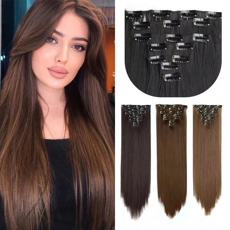 Sintetik Lurus Panjang 16 Klip Dalam Sambungan Rambut 7 Keping/Set Serat Suhu Tinggi Potongan Rambut Berambut Perang Hitam Coklat Untuk Wanita — image 2
