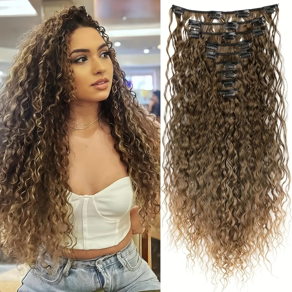 9PCS ที่ยอดเยี่ยม Handstitching คลิปในส่วนขยายของผม 22 นิ้ว CURLY Hair EXTENSION ยาวนุ่มสังเคราะห์ Hairpieces สำหรับผู้หญิง — image 10