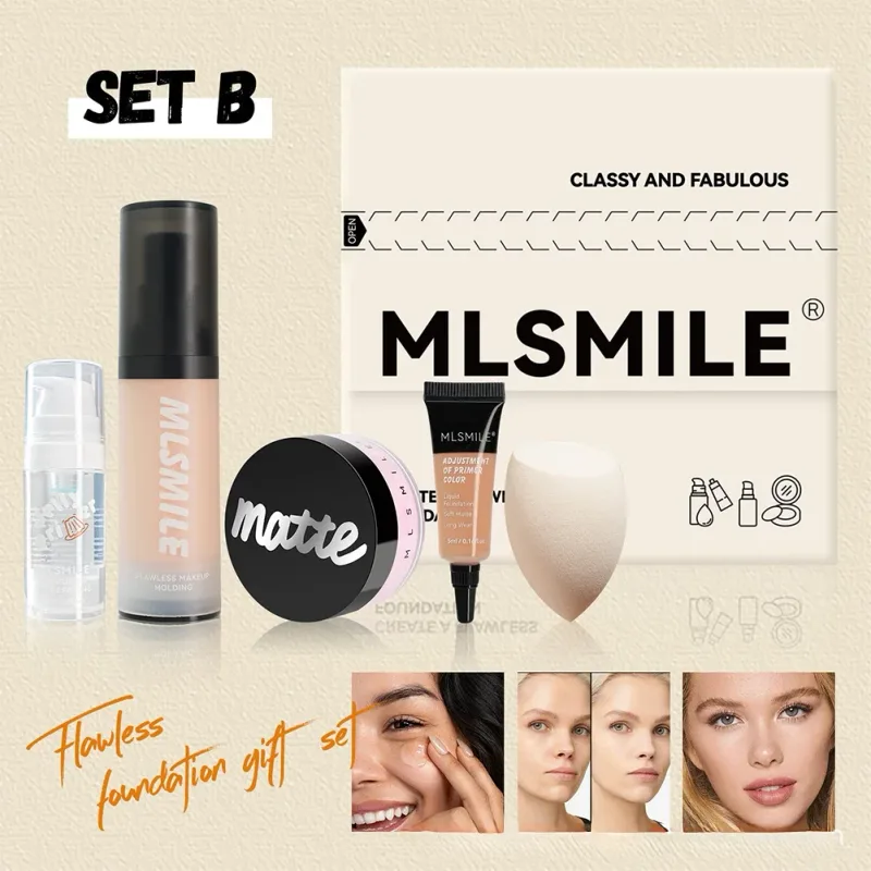 Set Rias Wajah All in One Liquid Foundation Powder Primer dan Egg untuk Hasil Matte Tahan Lama