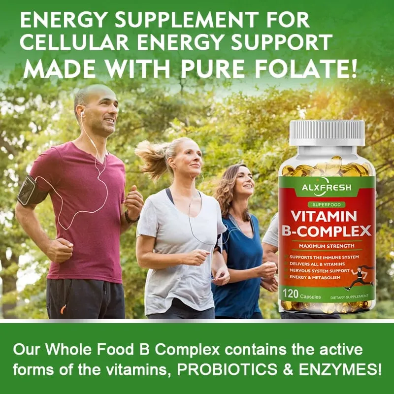 B-Complex Vitamins (B12 B1 B2 B3 B5 B6 B9 Folic Acid &Biotin) Capsule Liver Immune System Energy Support Nutrition Supplement