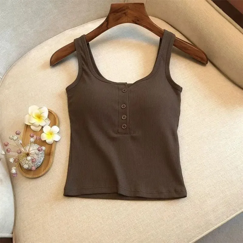 1-teiliges geripptes Henley-Tanktop für Damen mit quadratischem Ausschnitt und Knopfleiste vorne, integrierter BH, ärmelloses Leibchen — image 5