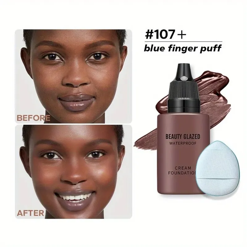 Alas Bedak + Puff Baru 2024 Alas Bedak Cakupan Penuh Matte Cair Alas Bedak Alami Matte Tahan Air dengan Puff Jempol Biru