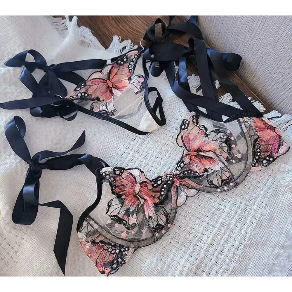 เจียมเนื้อเจียมตัวโรแมนติกลูกไม้ผีเสื้อเย็บปักถักร้อย Sheer ตาข่าย Camisole ชุดนอนผู้หญิงสวมใส่ทุกวัน Push Up ชุดชั้นในชุด 34-40 — image 2