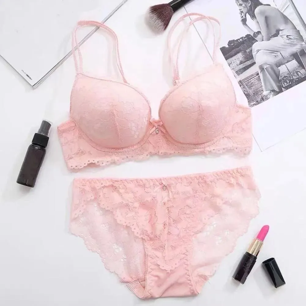 Comodo reggiseno a fiori in pizzo a rete a vita bassa con fiocco e mutandine con reggiseno Set intimo antiscivolo reggiseno push up da donna estivo — image 4