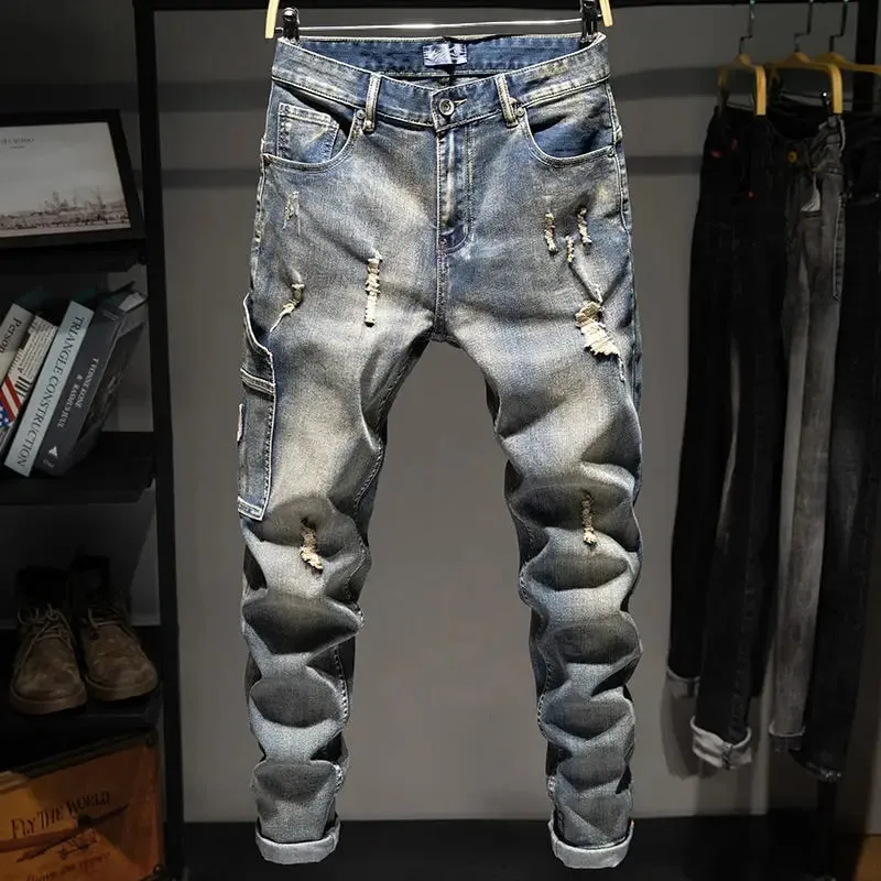 Forår og efterår Elastik Nostalgisk stor størrelse Rippede jeans Mænds løs fedt plus trendy mærke fede fyrebukser vaskede lange bukser