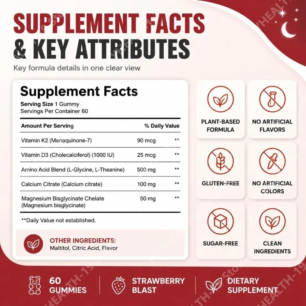Gummies nutritionnelles avec vitamine K2 D3 Calcium et magnésium pour la santé des os et la relaxation Soutien au bien-être du sommeil Adultes 60 Gummies — image 4