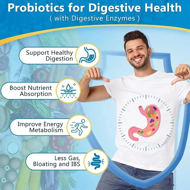Cápsulas probióticas de enzimas digestivas orgánicas, nutrición prebiótica, digestión y salud intestinal, inmunidad adecuada para adultos y hombres — image 3