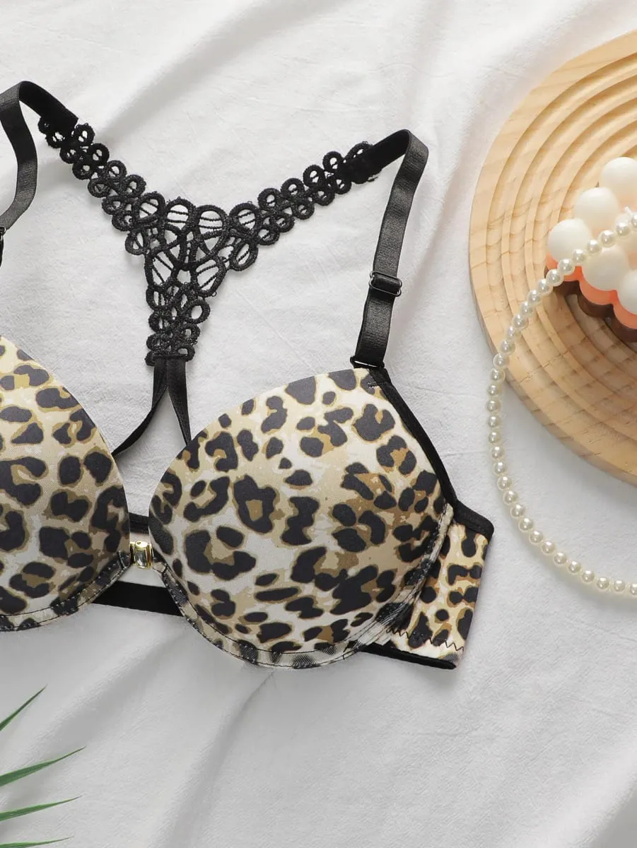 เสือดาวพิมพ์ปิดด้านหน้า Bra ชุด Underwire Push Up ชุดชั้นในชุดผู้หญิงเซ็กซี่ Bralette ลูกไม้และกางเกง 2 ชิ้นชุด — image 3