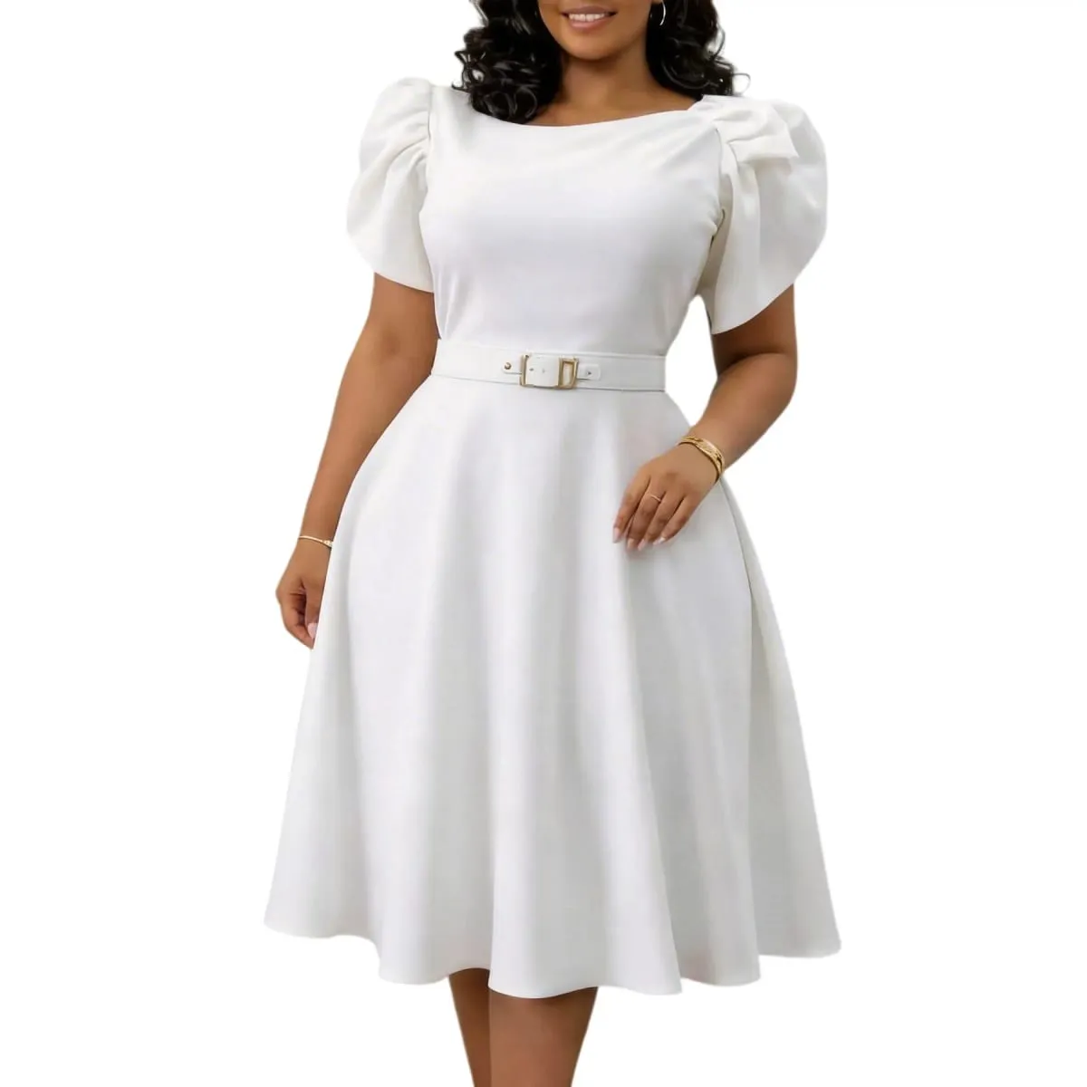Damenkleider, solides Kleid, Schärpen, Rundhalsausschnitt, Schmetterlingsärmel, knielang, Empire-Taille, leichte Strech, lässig, lockere Passform, Sommer 2026 — image 5