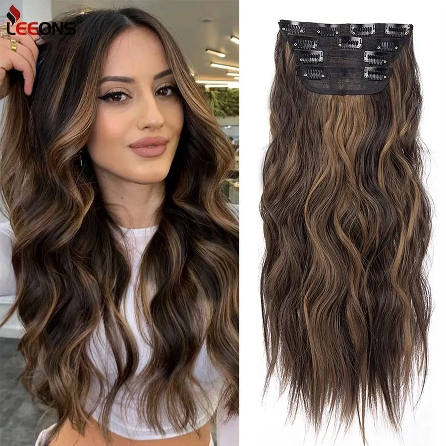 Leeons gewellte Clip-in-Haarverlängerungen, 4 Stück, natürliche, weiche, lange, gewellte Haarteile, dicke Doppelschuss-Clip-in-Haarverlängerungen für Frauen — image 2