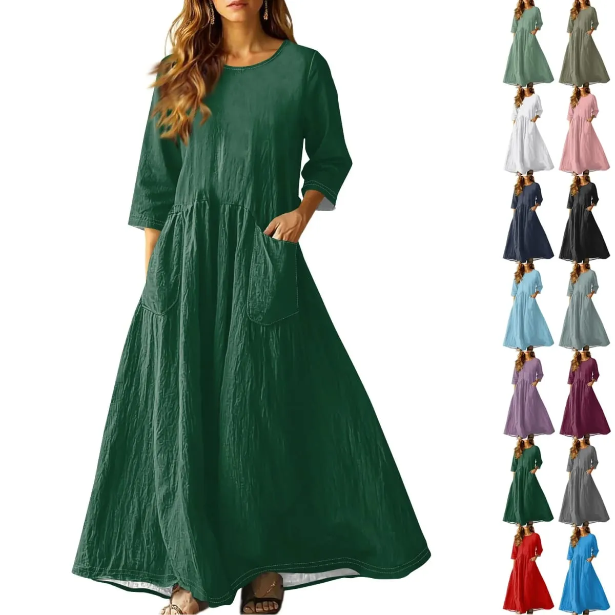 Gaun Panjang Longgar Musim Panas Wanita Warna Pejal Lengan Tiga Suku Gaun Poket Berganda Gaun Linen Leher Bulat Longgar Vestidos — image 2