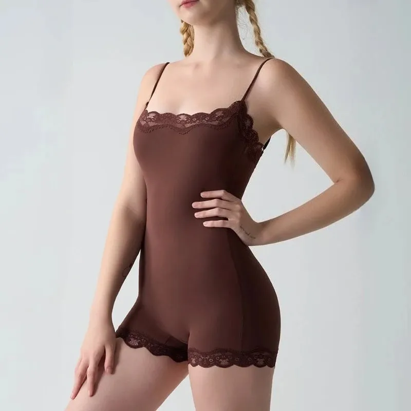 Pakaian Dalam Tali Spaghetti Leher Persegi Kemasan Renda Wanita Tanpa Lengan Slimming Bodycon Jumpsuit Romper — image 5