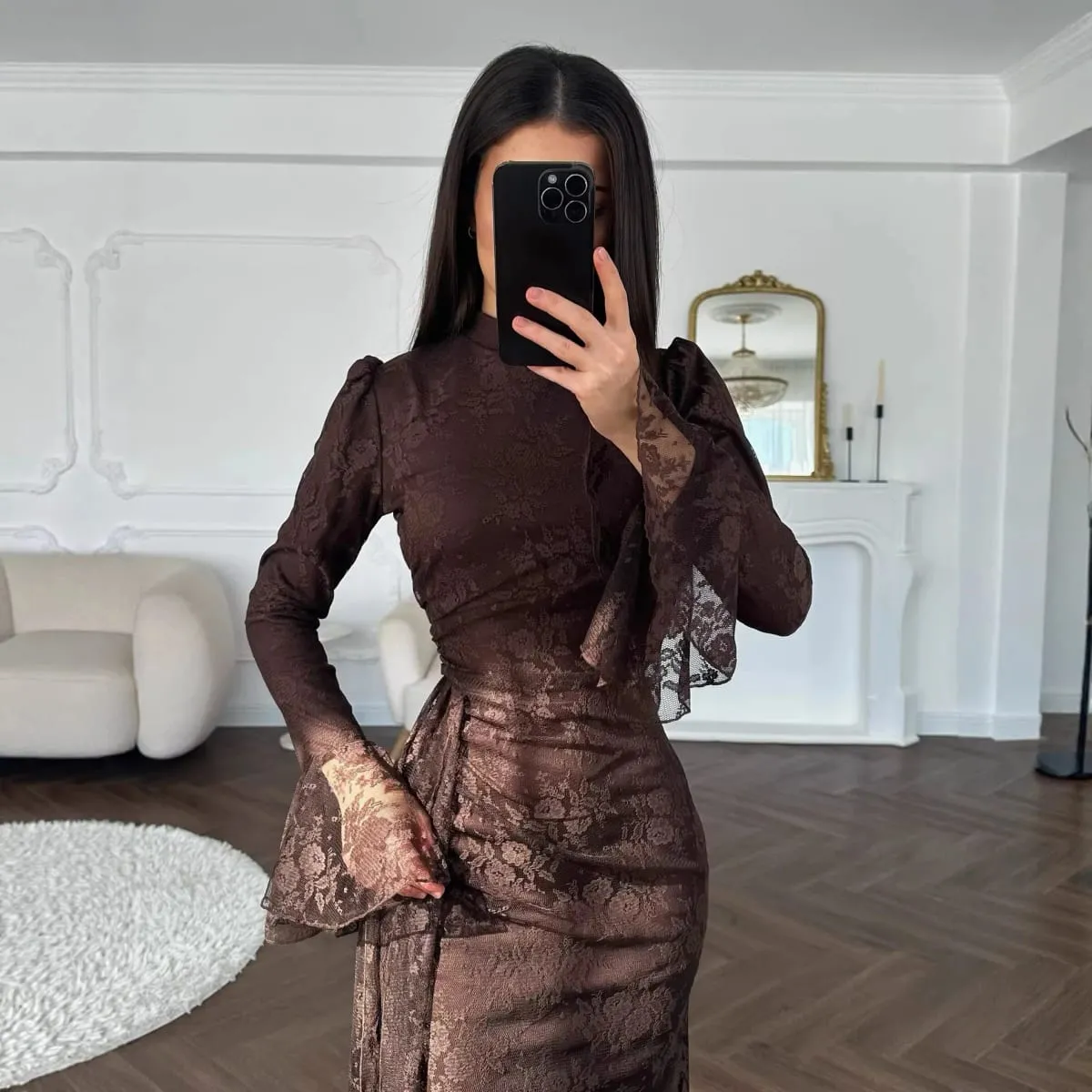 Women Lace Fitted Dresses Solid Evening Dress H Line Ankle Lenth Bell Sleeve Waist Cinch Slim Fit Party Sexy Elegant 2026 Summer — image 5