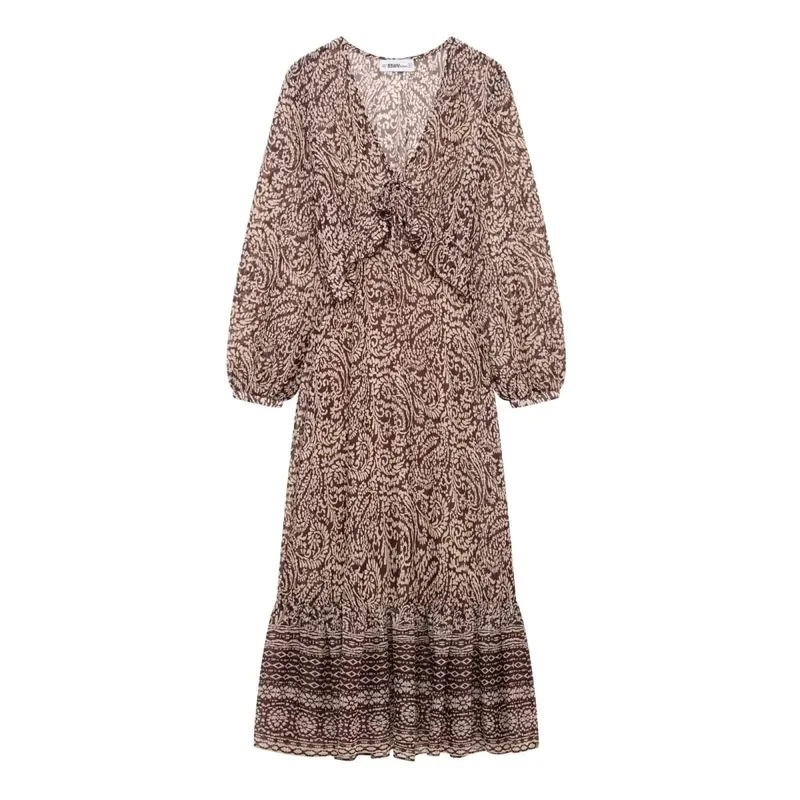 2025 Spring New Product Women's Stacked Decorative Printed V-neck Midi Dress Fashion Retro Pattern Printed Skirt
