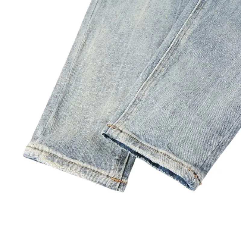 Jean en denim vieilli délavé bleu High Street pour hommes avec braguette boutonnée à motif de lettre brodée, adapté à un usage toutes saisons — image 5