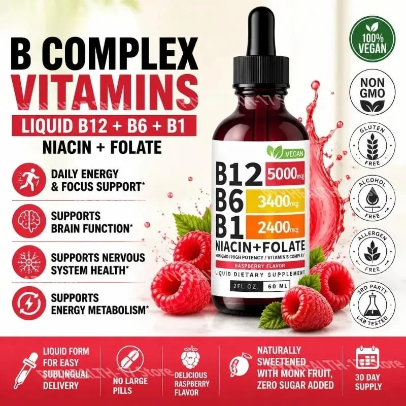 B12 B6 B1 Niacine Folate Liquide Sublingual Vegan B-Complex Gouttes pour l'énergie quotidienne et le soutien de la concentration Framboise pour hommes femmes 60 ML — image 2