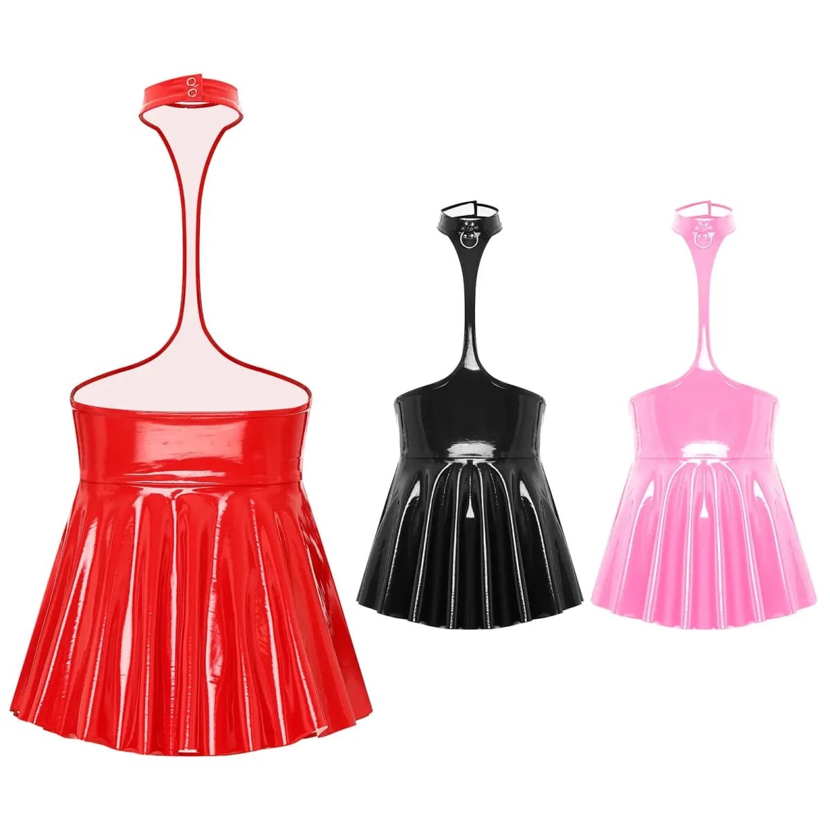 สตรี Shiny Metallic Faux หนัง Hollow Out Halter Backless Mini Skater Dress ดูเปียกจีบกระโปรงสายปาร์ตี้ Clubwear — image 2