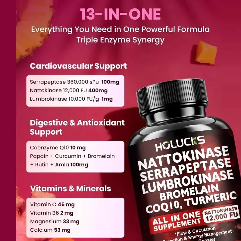 อาหารเสริมนัตโตไคเนสระดับพรีเมียมพร้อมโบรมีเลน CoQ10 ขมิ้นสนับสนุนการไหลเวียนของเลือดข้อต่อสุขภาพหัวใจสารต้านอนุมูลอิสระและความมีชีวิตชีวา — image 5
