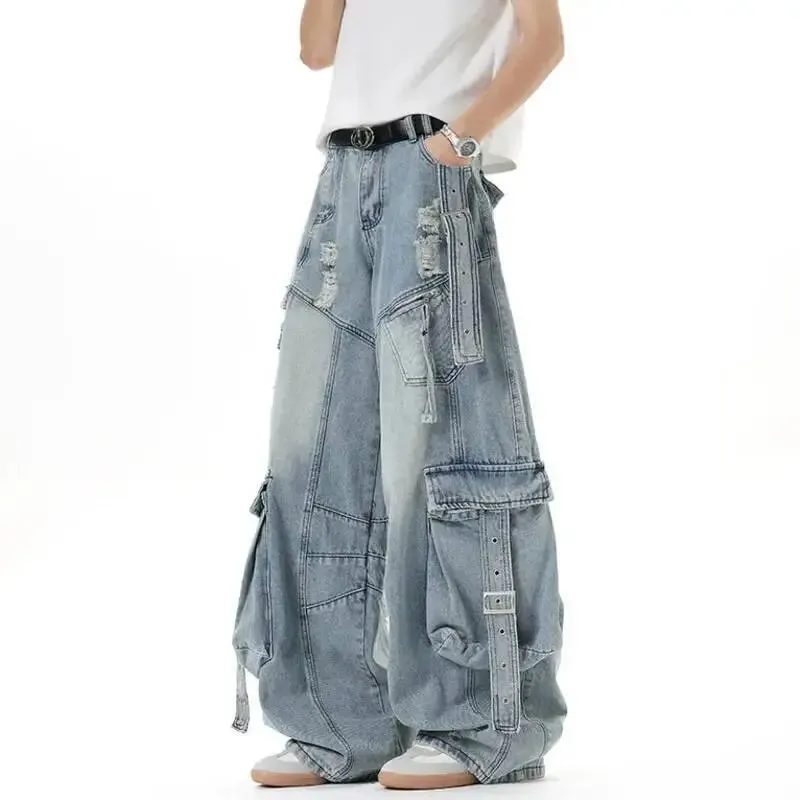 Amerikanische Herrenjeans, einfarbig, mit mehreren Taschen, lässige, abgenutzte Hosen, Dekonstruktion, weites Bein, Denim-Hosen 9W4066