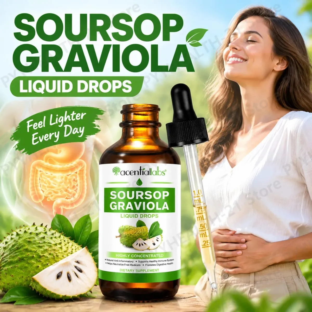AcentiLabs Soursop Graviola Liquid Drops Vitamin C Supports Digestive Health Immune System Free Radical Defense 60ml for Adults — image 1