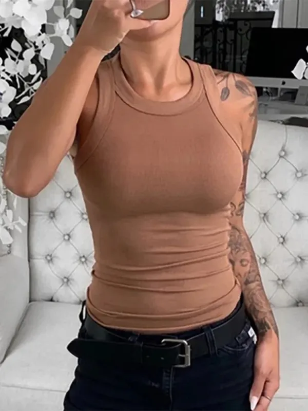 Women Solid Round Neck Ribbed Tank Top Camisole Women Summer Basic Elastic Tank Top O Neck Solid Tank Top — image 7