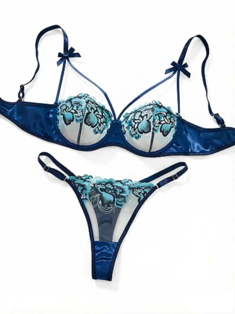 ดอกไม้สีฟ้าลูกไม้ชุดชั้นในชุดไหล่ Strappy Underwire Bra กางเกงปรับเย้ายวน Boudoir Intimate ชุด — image 1