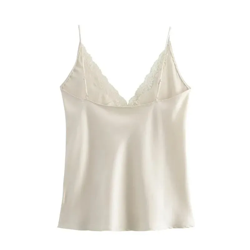 Frauen Spitze Patchwork Tanks Tops Satin V-ausschnitt Solide Ärmellose Leibchen Sommer Frauen Spaghetti Strap Mini Tops Mode Dünne Camis