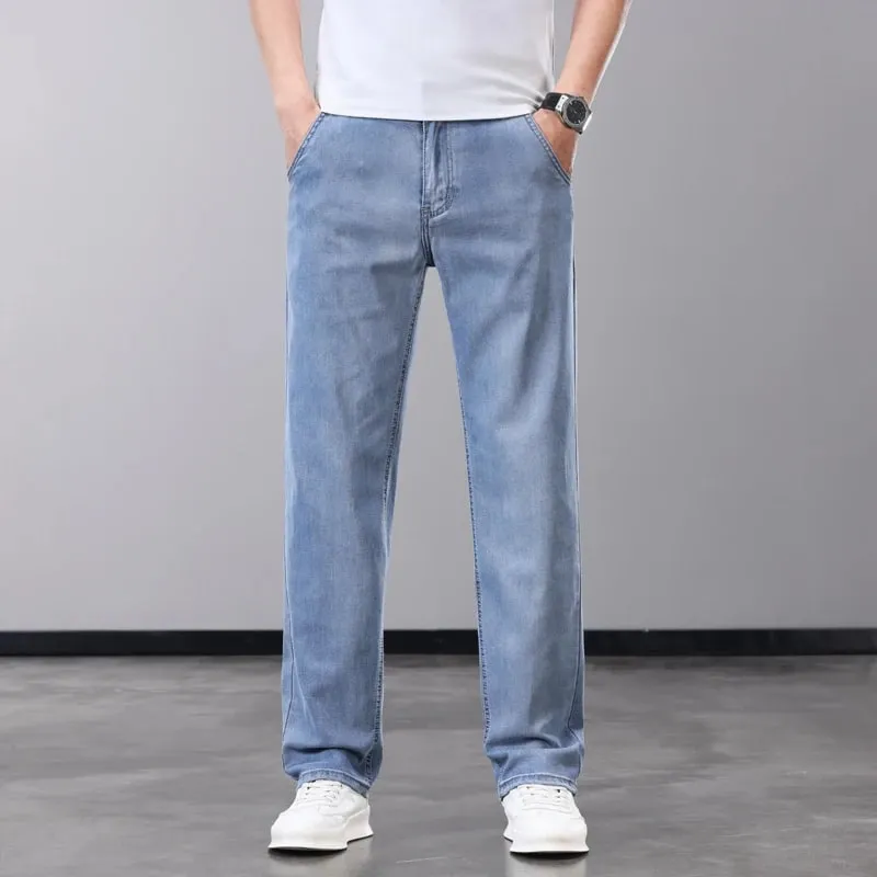 Seluar Jeans Lelaki Nipis Musim Panas Lyocell Fabrik Lembut Bernafas Seluar Denim Lurus Jenama Lelaki Elastik Sutera Ais Seluar Kasual Kelabu Biru — image 6