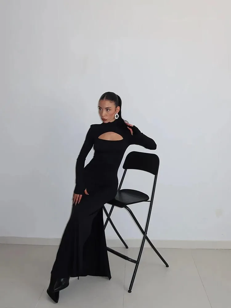 Ahagaga Sexet Skede Dame Maxi Kjoler Solid rullekrave Regular Langærmet Udhulet Slim Fit Bodycon Fest Vestidos Robes — image 3