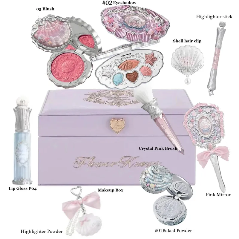 Flowerknows Shell Jewelry Gift Set Makeup Kit Full Professional Lip Gloss Highlighter Blush Baked Powder 10pcs Kits — image 2