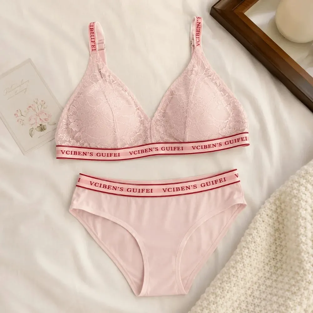 Set Pakaian Dalam Rekaan Surat Selesa Deep V Tanpa Wayar Pakaian Dalam Wanita Sut Warna Menghalang Set Seluar Dalam Bra Renda Wanita — image 3