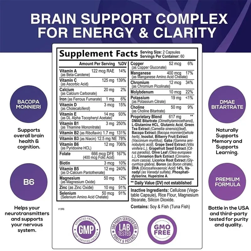 Suplemento cerebral: apoya la salud del cerebro, la función cognitiva mejora la claridad mental y aumenta la memoria y la concentración. Vegano — image 4