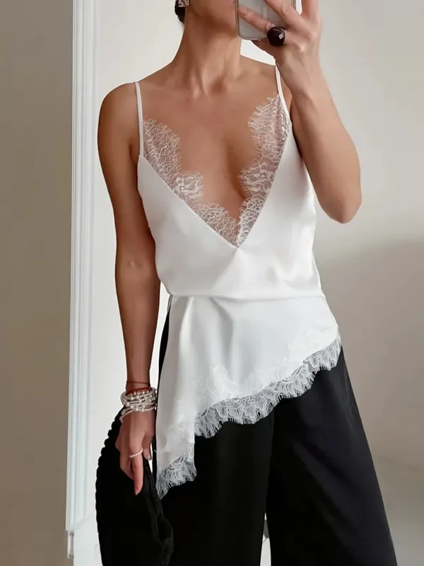 Lace Patchwork Cut Out Kortærmet snoet t-shirt farveblok samlet blondepanel Maxikjoler Dame Chic Daglig Outfit — image 8