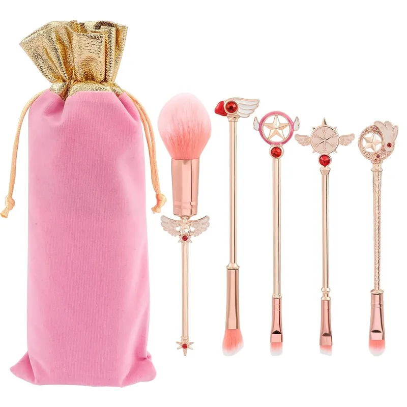 5pcs Pemegang Logam Berus Makeup Gebu Lembut Set Anime Card Captor Sakura Cosmetics Powder Berus Berus Kening Pembayang Mata Merah Jambu