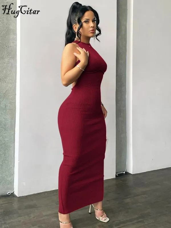 Hugcitar Ribbed Solid Hollow Out Tanpa Belakang Tanpa Lengan Seksi Celah Pakaian Mini Bodycon 2025 Musim Bunga Pakaian Wanita Pesta Elegan Y2K — image 5