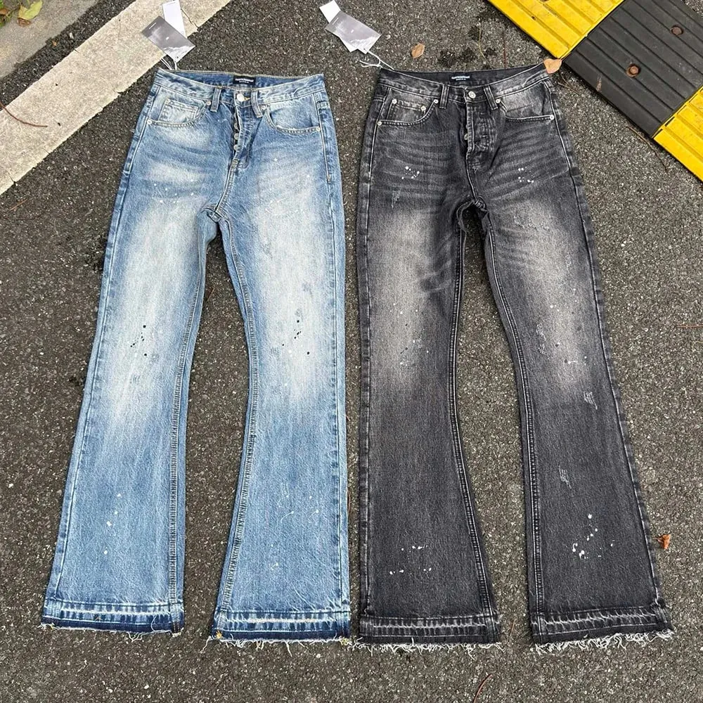 Pantalon en Denim Micro Flare délavé à l'eau lourde rétro bleu éclaboussures d'encre pantalon en jean Baggy droit pour hommes et femmes coupe de botte — image 2