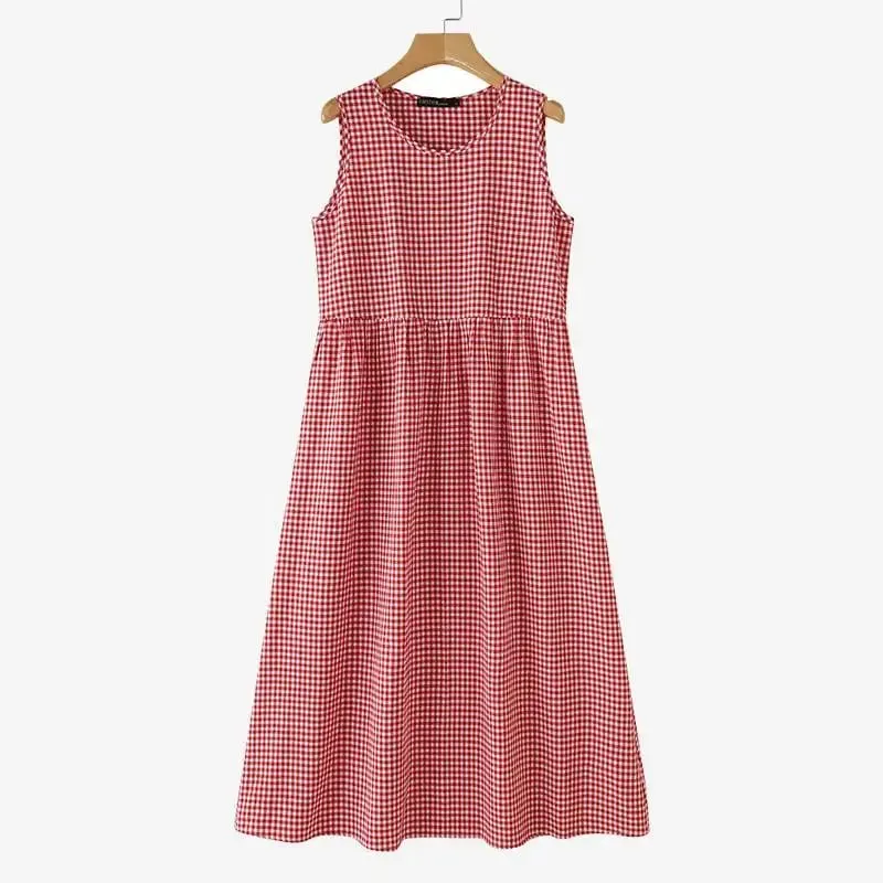 Abito estivo scozzese a quadri senza maniche Abiti da festa Bohemain Abito elegante da donna con scollo a O Abiti da lavoro larghi casual — image 9