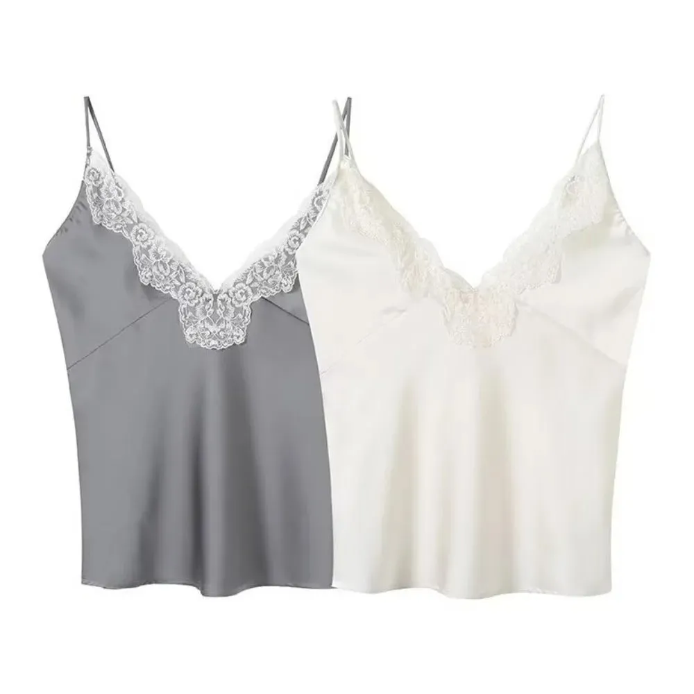 Casual Enfärgad spets Patchwork Tankar Spaghetti Rem Andas Satin Camisole Ärmlösa V-ringad Toppar Party Outfit — image 2