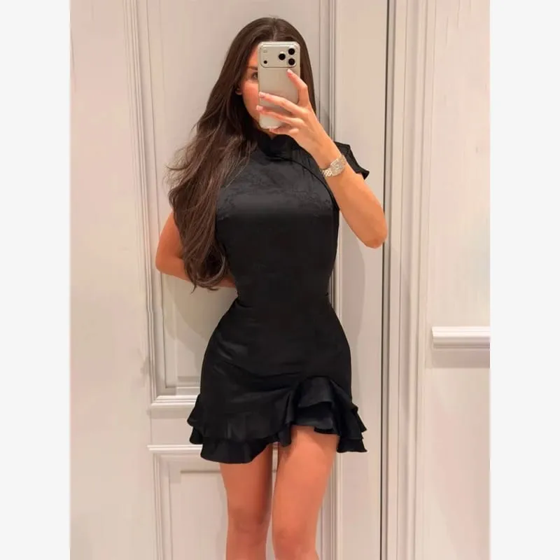 Polka Dot Schlanke Frauen Sommer Mini Kleid Solide Tiefem V-ausschnitt Puff Ärmeln Plissee Vordere Taste Kurze Kleider 2026 Dame täglichen Tragen — image 12